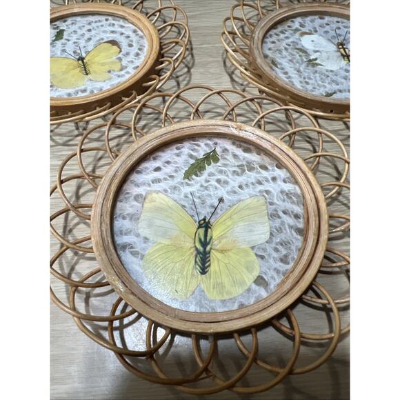 Set of 6 Vintage Pressed Butterfly Wicker Bamboo Plastic Coasters - Picture 6 of 9